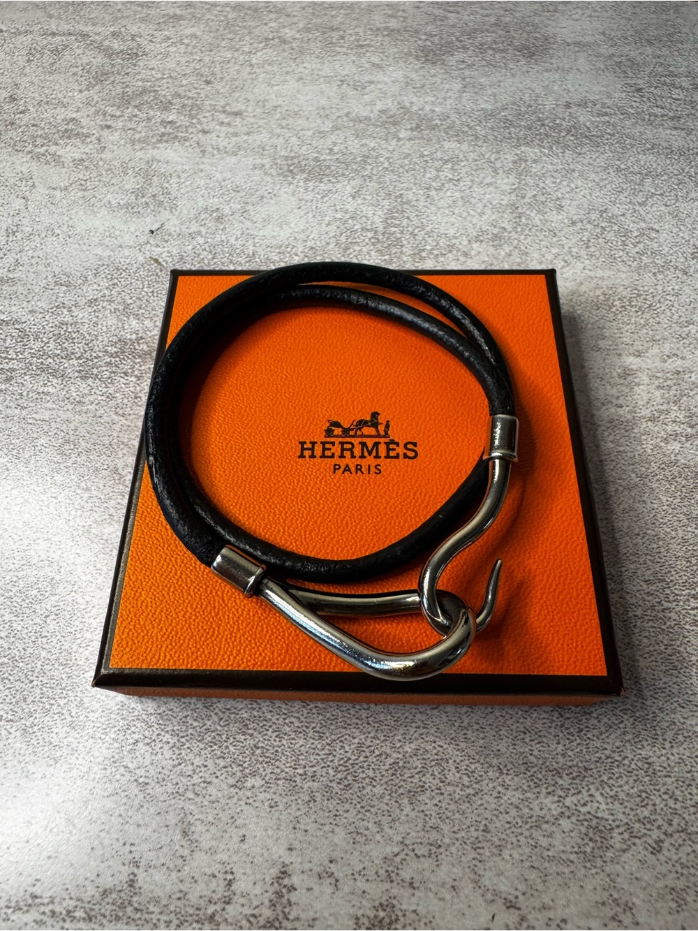 Hermes Black Leather Double-Wrap Bracelet with Silver Hardware